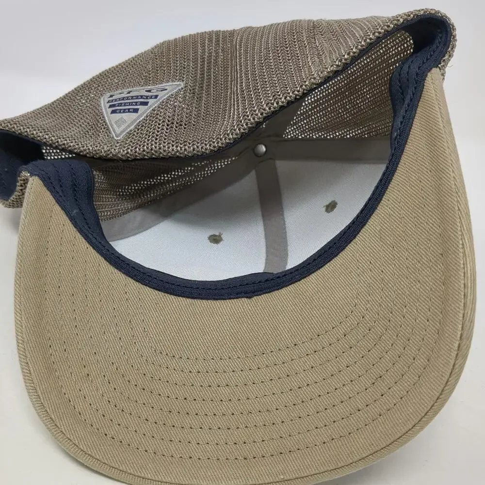 Columbia PFG Baseball Cap Beige One Size Mesh American Flag Fish Patch Hat Blue